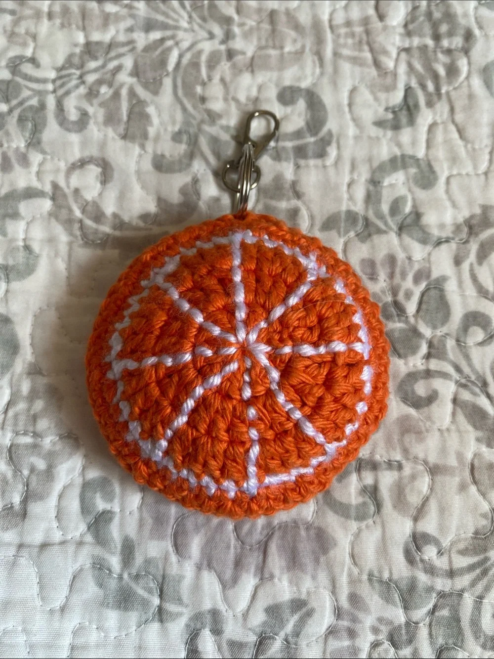 Handmade Orange Crochet Keychain with White Stitching